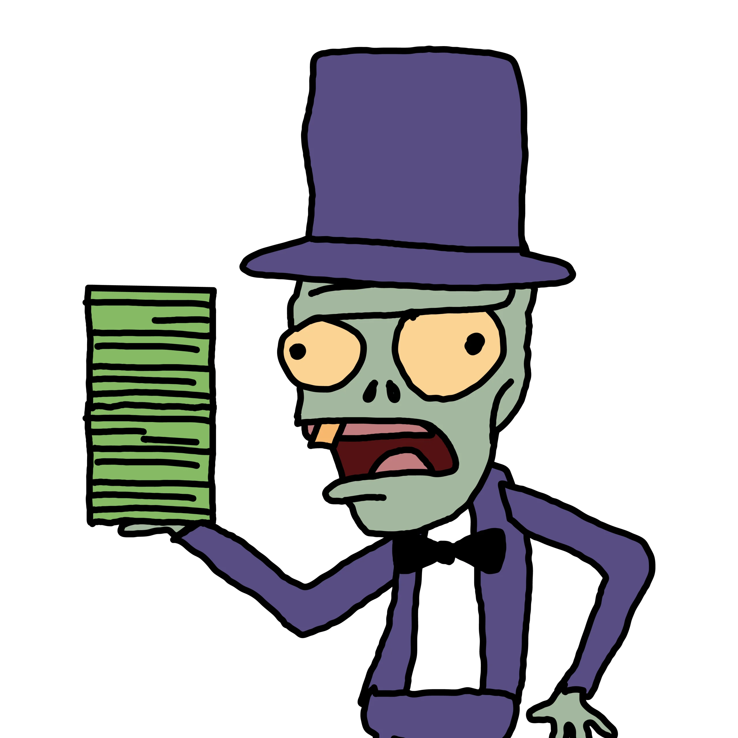 Cartoon zombie holding money stack illustration, mascot of Zombie Explains Finance by Ded Rich, a humorous finance education brand explaining money, debt, and investing with sarcasm.