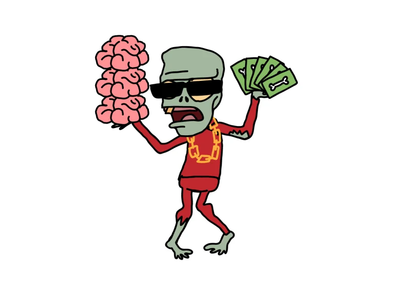 Cartoon zombie wearing sunglasses, holding three fresh brains in one hand and a stack of cash in the other, learning how to build wealth and make smarter money choices.